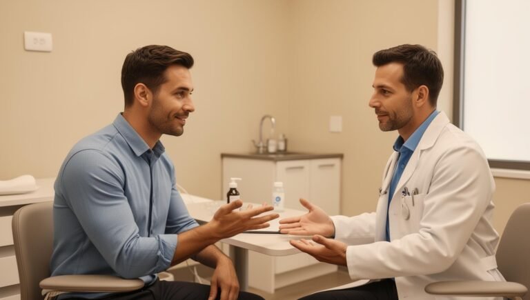 Male patient speaking with a healthcare professional during a consultation for men's health services in Denton, TX.