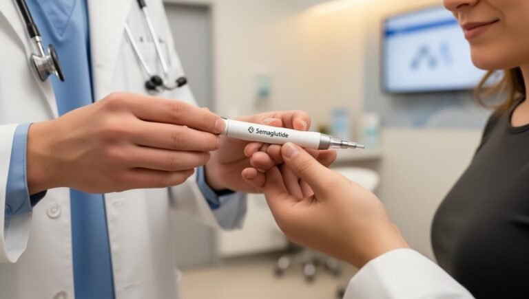 Healthcare professional holding a Semaglutide GLP-1 injection pen during a medical weight loss consultation.