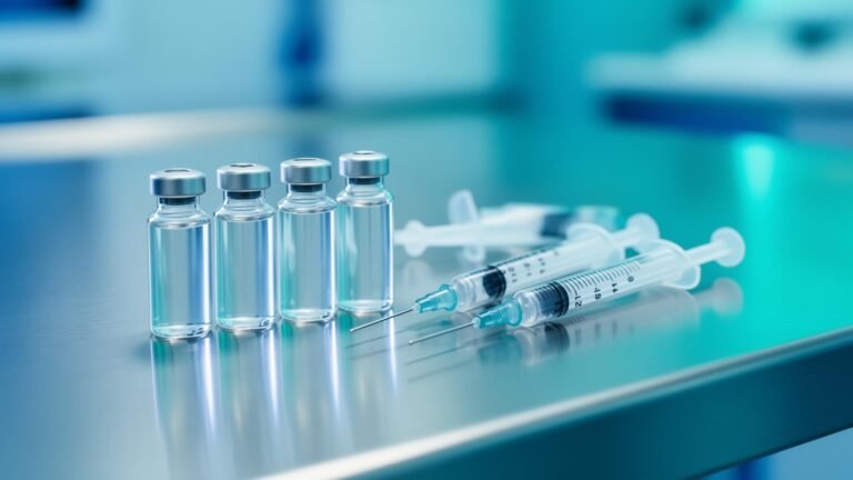Medical glass vials and syringes set up for Sermorelin peptide therapy to stimulate natural growth hormone production.